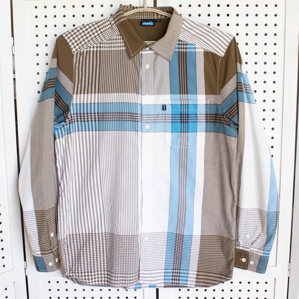 KAVU Mens SIZE L Plaid Brown Blue White LS Shirt Button Up